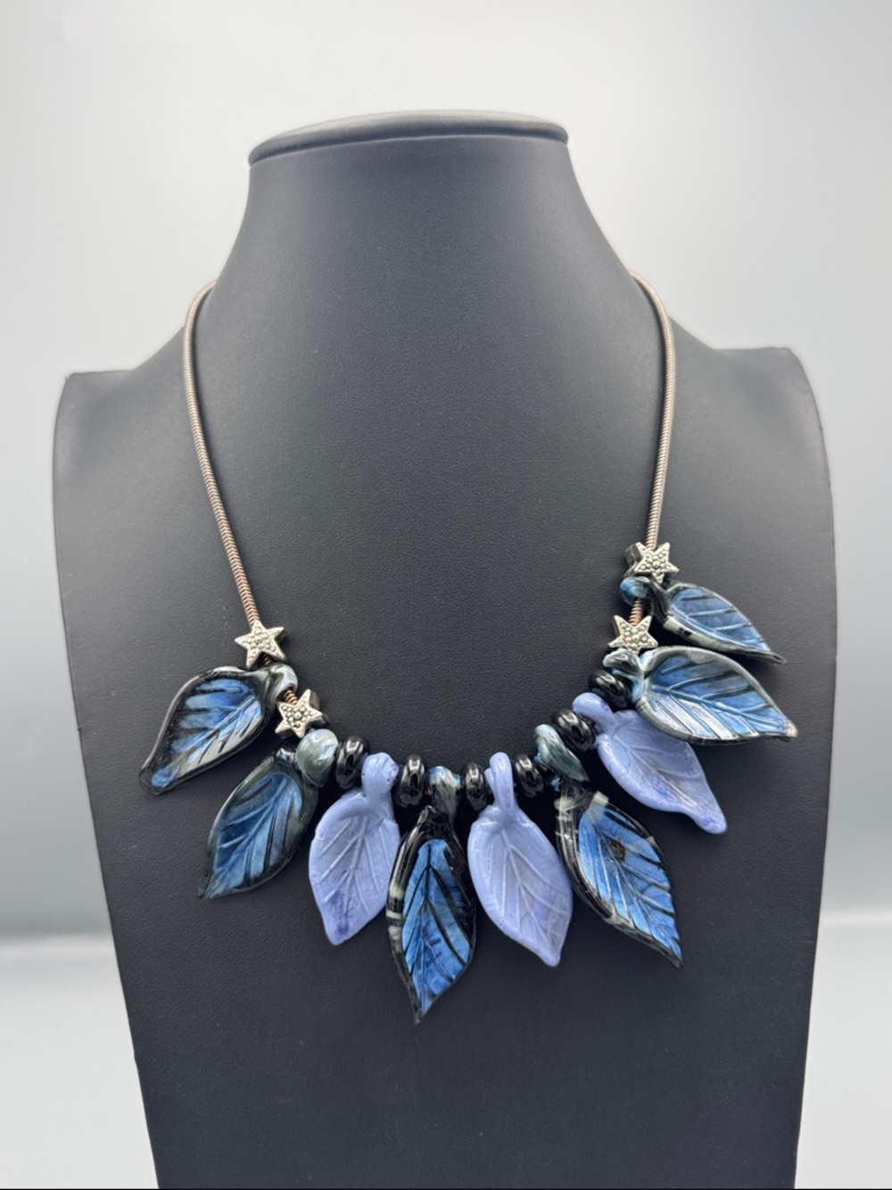 Glass Blue Leaf Pendant Necklace